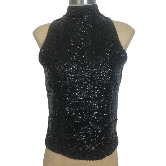 Black Sequin Beaded Tank High Neck Top with Full Zipper Closure - Picture 1 of 10